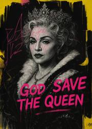 God Save the Queen – Street-Art Porträt (b/w + Neon Pink). Daveschloffiart
